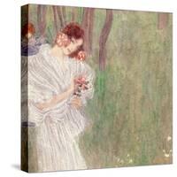 Girl in a White Dress Standing in a Forest-Gustav Klimt-Stretched Canvas