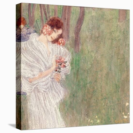 Girl in a White Dress Standing in a Forest-Gustav Klimt-Stretched Canvas