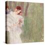 Girl in a White Dress Standing in a Forest-Gustav Klimt-Stretched Canvas