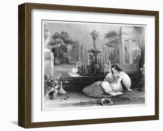 Girl in a White Dress with Flowers in Her Hair Reads in the Garden Beside an Elaborate Fountain-J.w. Steel-Framed Art Print