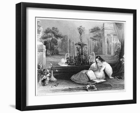 Girl in a White Dress with Flowers in Her Hair Reads in the Garden Beside an Elaborate Fountain-J.w. Steel-Framed Art Print