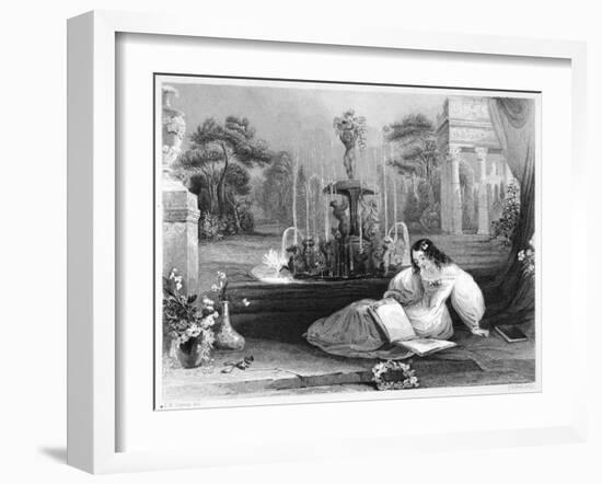 Girl in a White Dress with Flowers in Her Hair Reads in the Garden Beside an Elaborate Fountain-J.w. Steel-Framed Art Print
