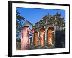 Girl in Ao Dai (Traditional Vietnamese Long Dress) and Conical Hat at Minh Mang Tomb, Vietnam-Keren Su-Framed Photographic Print