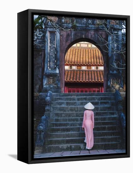 Girl in Ao Dai (Traditional Vietnamese Long Dress) and Conical Hat at Minh Mang Tomb, Vietnam-Keren Su-Framed Stretched Canvas