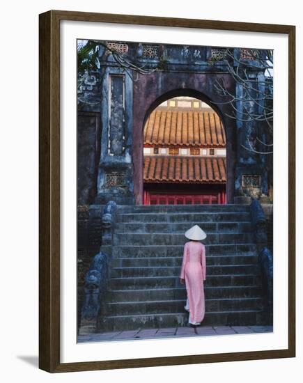 Girl in Ao Dai (Traditional Vietnamese Long Dress) and Conical Hat at Minh Mang Tomb, Vietnam-Keren Su-Framed Premium Photographic Print