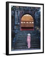 Girl in Ao Dai (Traditional Vietnamese Long Dress) and Conical Hat at Minh Mang Tomb, Vietnam-Keren Su-Framed Premium Photographic Print