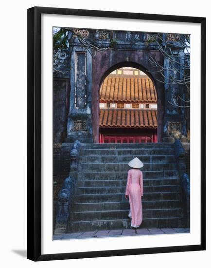 Girl in Ao Dai (Traditional Vietnamese Long Dress) and Conical Hat at Minh Mang Tomb, Vietnam-Keren Su-Framed Premium Photographic Print