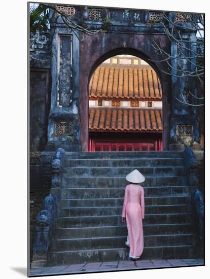 Girl in Ao Dai (Traditional Vietnamese Long Dress) and Conical Hat at Minh Mang Tomb, Vietnam-Keren Su-Mounted Premium Photographic Print