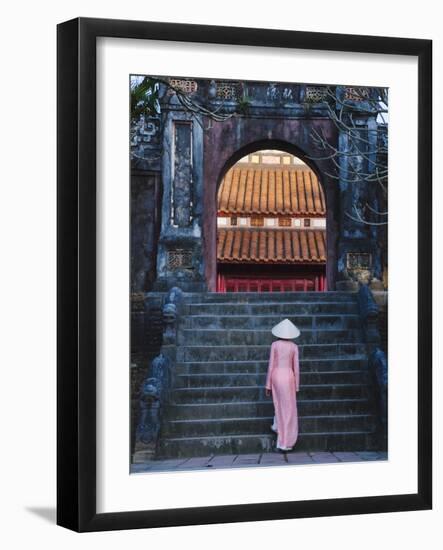 Girl in Ao Dai (Traditional Vietnamese Long Dress) and Conical Hat at Minh Mang Tomb, Vietnam-Keren Su-Framed Photographic Print