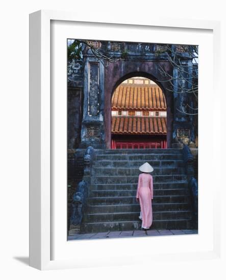 Girl in Ao Dai (Traditional Vietnamese Long Dress) and Conical Hat at Minh Mang Tomb, Vietnam-Keren Su-Framed Photographic Print