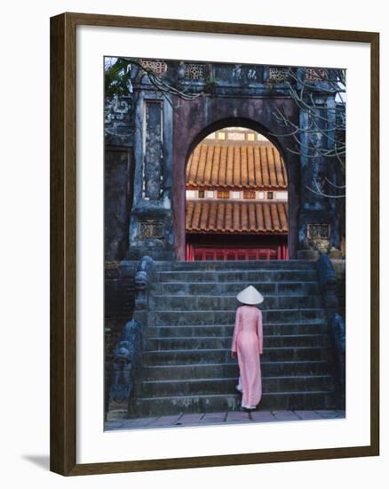 Girl in Ao Dai (Traditional Vietnamese Long Dress) and Conical Hat at Minh Mang Tomb, Vietnam-Keren Su-Framed Photographic Print