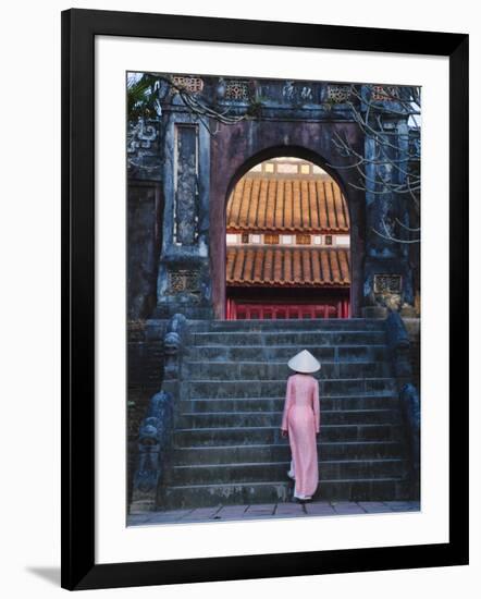 Girl in Ao Dai (Traditional Vietnamese Long Dress) and Conical Hat at Minh Mang Tomb, Vietnam-Keren Su-Framed Photographic Print