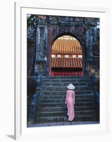 Girl in Ao Dai (Traditional Vietnamese Long Dress) and Conical Hat at Minh Mang Tomb, Vietnam-Keren Su-Framed Photographic Print