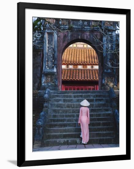 Girl in Ao Dai (Traditional Vietnamese Long Dress) and Conical Hat at Minh Mang Tomb, Vietnam-Keren Su-Framed Photographic Print