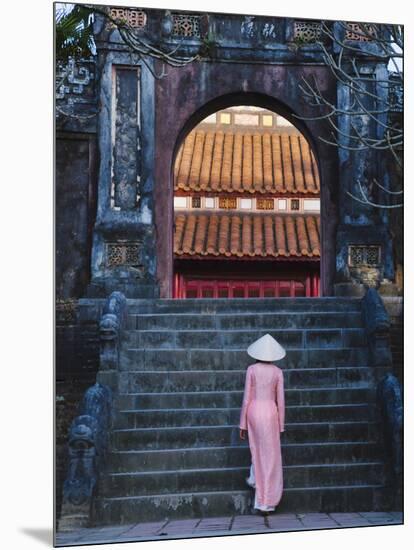 Girl in Ao Dai (Traditional Vietnamese Long Dress) and Conical Hat at Minh Mang Tomb, Vietnam-Keren Su-Mounted Photographic Print