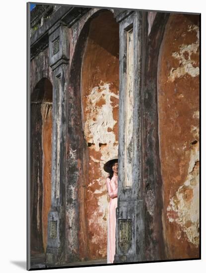 Girl in Ao Dai (Traditional Vietnamese Long Dress) and Conical Hat, Tomb of King Khai Dinh, Vietnam-Keren Su-Mounted Photographic Print