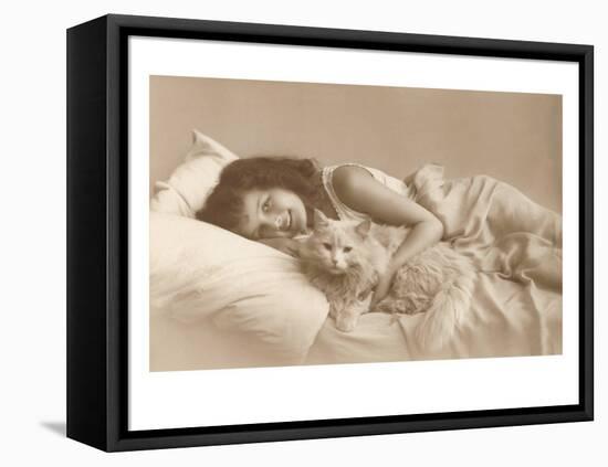 Girl in Bed with Cat-null-Framed Stretched Canvas