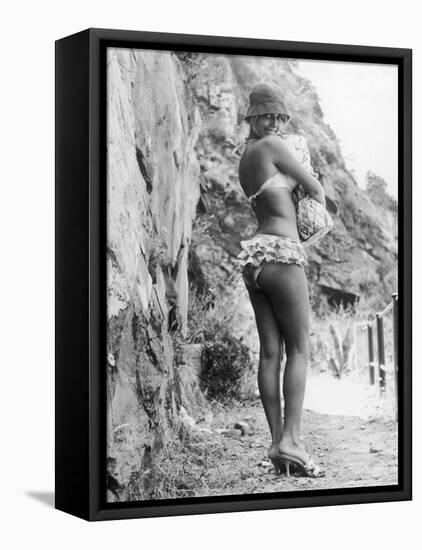 Girl in Bikini Walks Along a Cliff Path on a Fine Summer Day-null-Framed Stretched Canvas