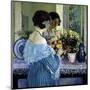 Girl in Blue Arranging Flowers, c1915-Frederick Carl Frieseke-Mounted Premium Giclee Print