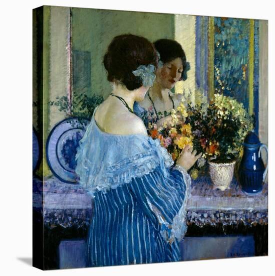 Girl in Blue Arranging Flowers (Oil on Canvas)-Frederick Carl Frieseke-Stretched Canvas