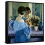 Girl in Blue Arranging Flowers (Oil on Canvas)-Frederick Carl Frieseke-Framed Stretched Canvas