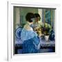 Girl in Blue Arranging Flowers (Oil on Canvas)-Frederick Carl Frieseke-Framed Giclee Print