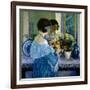 Girl in Blue Arranging Flowers (Oil on Canvas)-Frederick Carl Frieseke-Framed Giclee Print