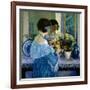 Girl in Blue Arranging Flowers (Oil on Canvas)-Frederick Carl Frieseke-Framed Giclee Print