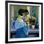 Girl in Blue Arranging Flowers (Oil on Canvas)-Frederick Carl Frieseke-Framed Giclee Print