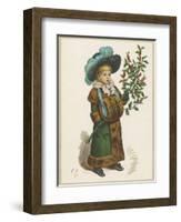 Girl in Fur-Trimmed Coat Fur Muff Gloves and Feathered Hat Carrying a Fair-Sized Branch of Holly-Kate Greenaway-Framed Art Print