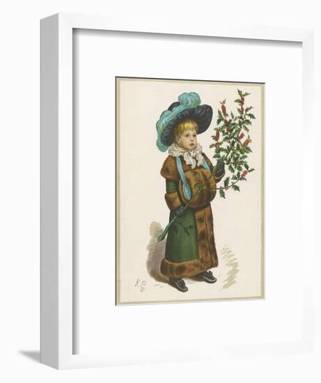 Girl in Fur-Trimmed Coat Fur Muff Gloves and Feathered Hat Carrying a Fair-Sized Branch of Holly-Kate Greenaway-Framed Art Print