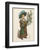 Girl in Fur-Trimmed Coat Fur Muff Gloves and Feathered Hat Carrying a Fair-Sized Branch of Holly-Kate Greenaway-Framed Art Print