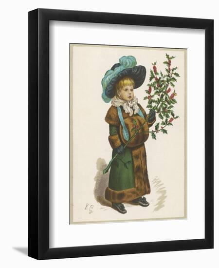 Girl in Fur-Trimmed Coat Fur Muff Gloves and Feathered Hat Carrying a Fair-Sized Branch of Holly-Kate Greenaway-Framed Art Print