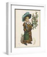 Girl in Fur-Trimmed Coat Fur Muff Gloves and Feathered Hat Carrying a Fair-Sized Branch of Holly-Kate Greenaway-Framed Art Print