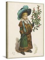 Girl in Fur-Trimmed Coat Fur Muff Gloves and Feathered Hat Carrying a Fair-Sized Branch of Holly-Kate Greenaway-Stretched Canvas