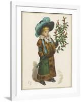 Girl in Fur-Trimmed Coat Fur Muff Gloves and Feathered Hat Carrying a Fair-Sized Branch of Holly-Kate Greenaway-Framed Art Print