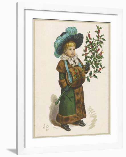 Girl in Fur-Trimmed Coat Fur Muff Gloves and Feathered Hat Carrying a Fair-Sized Branch of Holly-Kate Greenaway-Framed Art Print