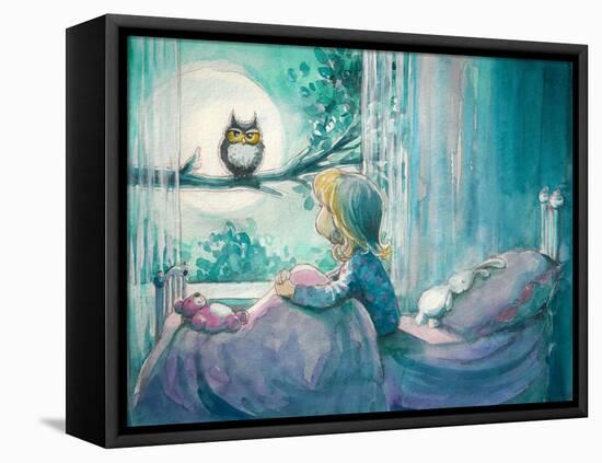 Girl in Her Bed Looking at Owl on a Tree.Picture Created with Watercolors-DeepGreen-Framed Stretched Canvas