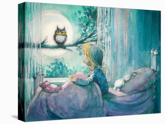 Girl in Her Bed Looking at Owl on a Tree.Picture Created with Watercolors-DeepGreen-Stretched Canvas