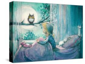 Girl in Her Bed Looking at Owl on a Tree.Picture Created with Watercolors-DeepGreen-Stretched Canvas