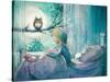 Girl in Her Bed Looking at Owl on a Tree.Picture Created with Watercolors-DeepGreen-Stretched Canvas