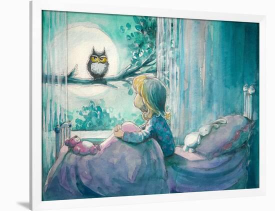 Girl in Her Bed Looking at Owl on a Tree.Picture Created with Watercolors-DeepGreen-Framed Art Print