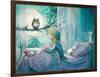 Girl in Her Bed Looking at Owl on a Tree.Picture Created with Watercolors-DeepGreen-Framed Art Print