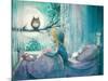 Girl in Her Bed Looking at Owl on a Tree.Picture Created with Watercolors-DeepGreen-Mounted Art Print