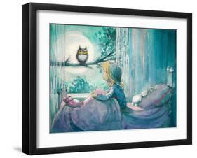 Girl in Her Bed Looking at Owl on a Tree.Picture Created with Watercolors-DeepGreen-Framed Art Print