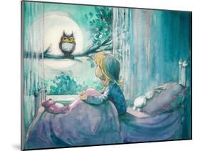 Girl in Her Bed Looking at Owl on a Tree.Picture Created with Watercolors-DeepGreen-Mounted Art Print