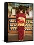 Girl in Kimono, Yukata Buying Crepe, Kyoto City, Honshu, Japan-Christian Kober-Framed Stretched Canvas