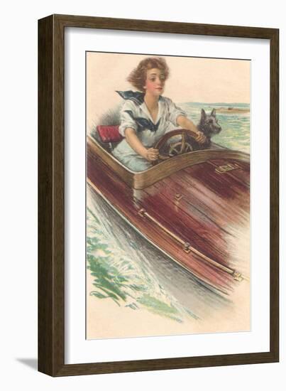 Girl in Motorboat with Terrier-null-Framed Art Print