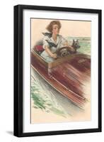 Girl in Motorboat with Terrier-null-Framed Art Print