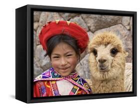 Girl in Native Dress with Baby Alpaca, Sacsayhuaman Inca Ruins, Cusco, Peru-Dennis Kirkland-Framed Stretched Canvas